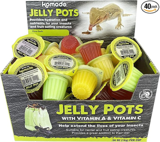 Komodo Jelly Pots Mixed Fruit Flavor Insect Food | Individually Portioned | Provides Nutrition & Hydration for Fruit-Eating Reptiles 40 Count Display (16g per Cup)