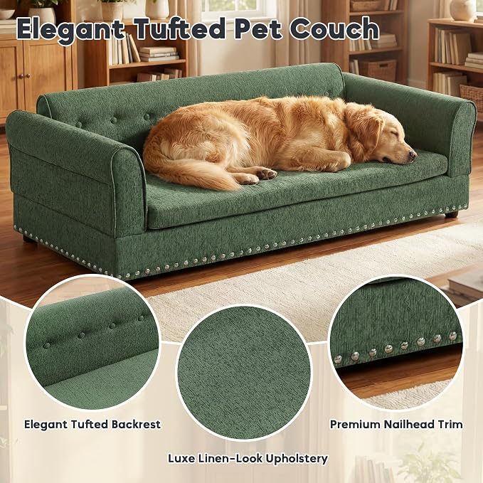 55" Dog Sofa for Medium to Large Dogs, Button Tufted Dog Couch Bed with Backrest and Armrests, Durable Memory Foam Pet Bed, Removable Cushion for Medium and Large Dogs, Green