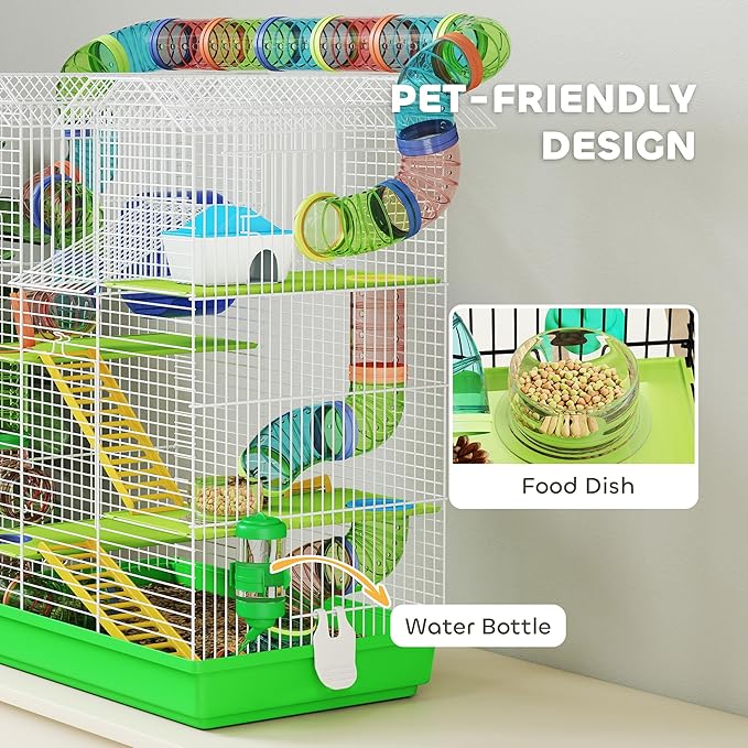 PawHut 18.5" 5 Tier Hamster Cage with Tubes and Tunnels, Small Animal Cage, Rat Gerbil Cage with Water Bottle, Food Dish, Exercise Wheel, Green
