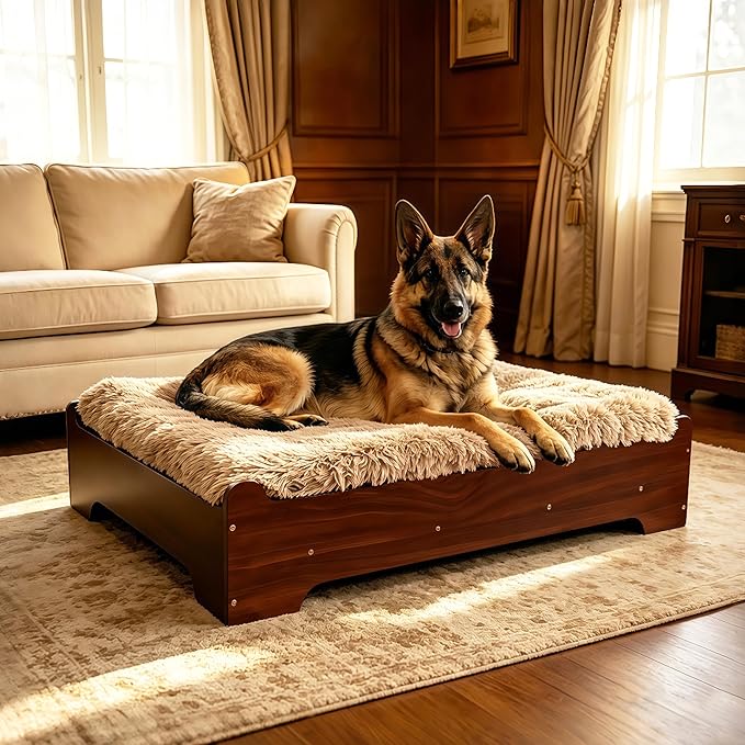 Elevated Dog Bed 37⅜" × 28⅜"×7⅝”,Raised Wooden Dog Bed Frame and Mattress for Large Pets up to 80lbs
