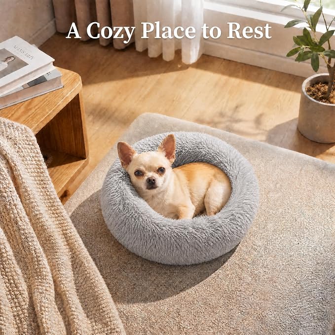 Tiny Dog Bed 15 Inch for Extra Small Dogs,Washable Puppy Bed,Soft Faux Fur Calming Donut Bed for Chihuahua Yorkie Maltese Pomeranian,Grey