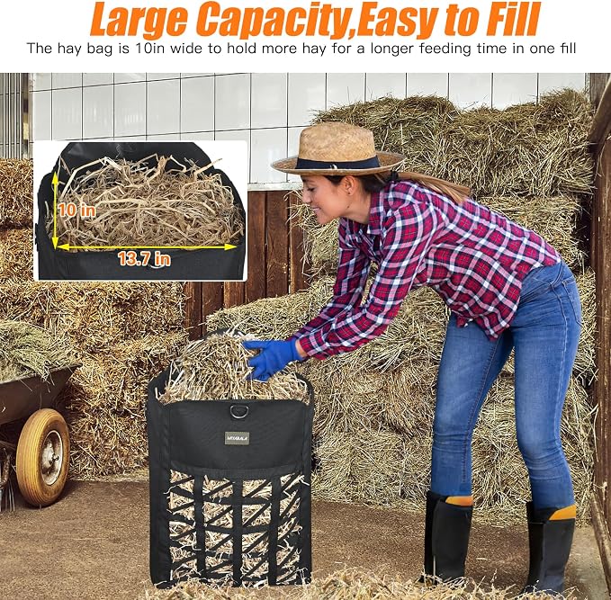 Ultra-Slow Feed Hay Bags for Horses,Two-Sided Premium Oxford Hay Bags with Large Opening,Top with Hook-and-Loop Closure,Adjustable Dual-Purpose Strap for Easy Hanging (Black, Large 1 Pack)