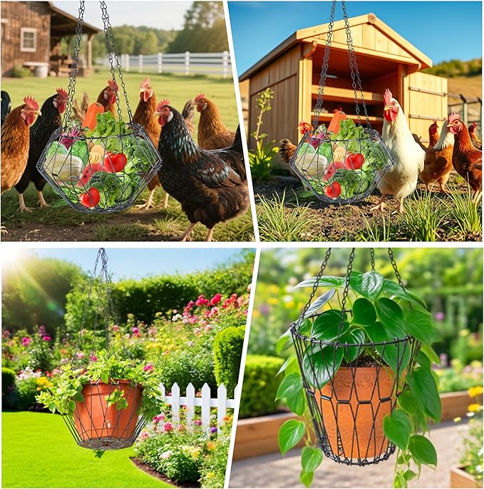 Hanging Chicken Feeder, 9.25IN Large Foldable Poultry Feeder Vegetable Fruits Basket with 4pcs Hanging Stainless Chain, Chicken Treat Holder Ball Boredom Toys for Chicken Hens Duck Coop, Black, 2 Pack