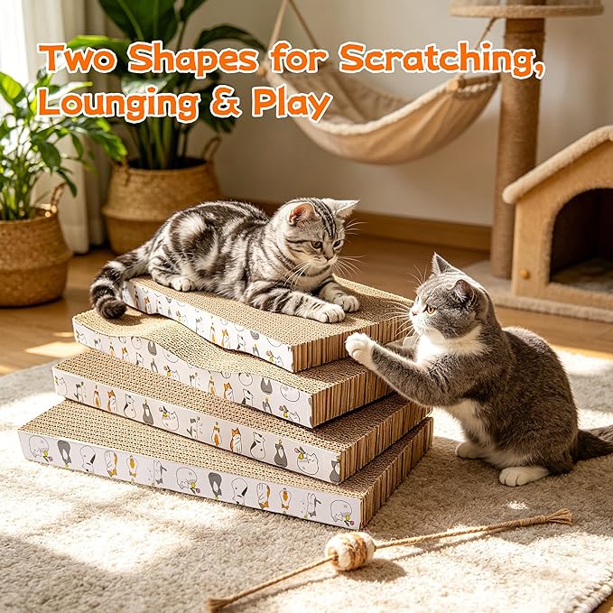 PatiencET Cardboard Cat Scratcher Pads, 4-Pack (2 Flat Double-Sided, 2 Wavy), Catnip Included, for Small and Medium Indoor Cats