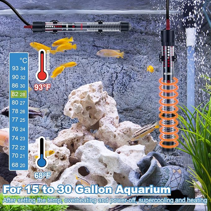 Dreyoo 2 Set 100W Submersible Aquarium Heater, Adjustable Aquarium Fish Tank Heater with 4 Thermometers Stickers and Suckers, Adjustable Knob Thermostat for Marine Saltwater and Freshwater