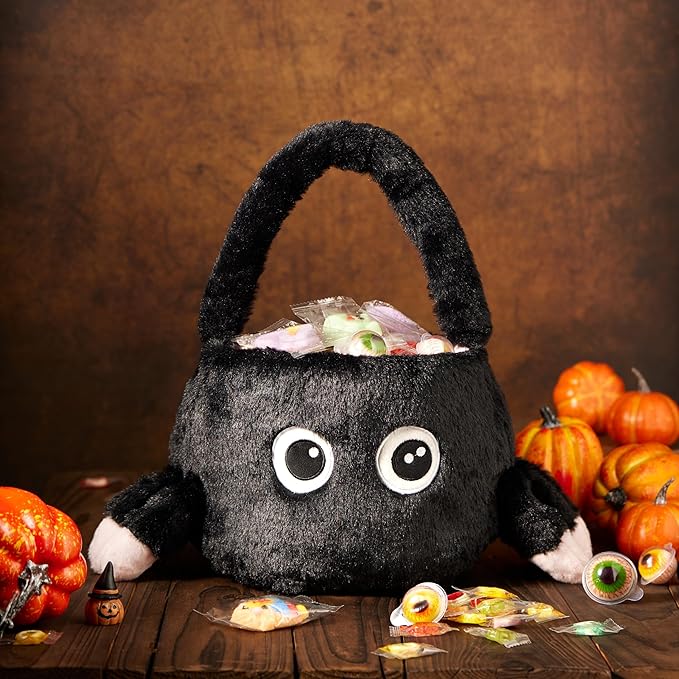 Halloween Plush Treat Basket, Halloween Candy Basket, Trick-or-Treat Bag,(Pink Black Spider)