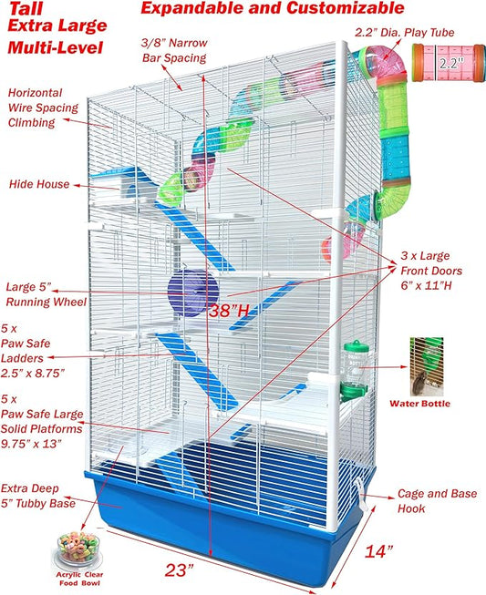 Extra Large High Tower Multi-Tiers Easy Setup Hamster Palace Gerbil Habitat Mouse House Mice Critters Home Cage with Complete Set of Accessories Expandable and Customizable Deep Tubby Base