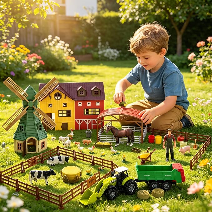 Peagprav Farm Animals Figurines Toys -140 pcs Toy Set Barn Toy Horse Stable Tractor Trailer Windmill Farmer Fence Playset for Kids Toddlers Boy Girl 3-7 Years Old