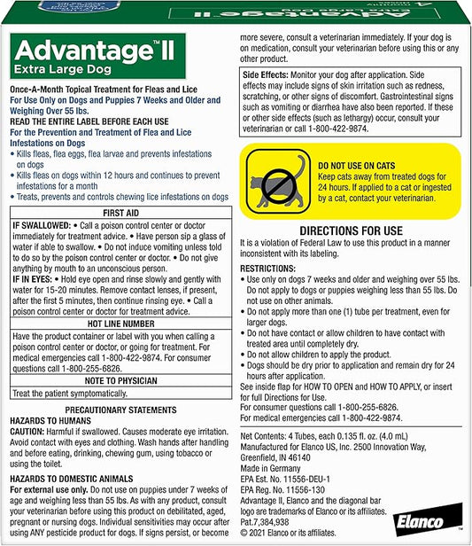 Advantage II XL Dog Vet-Recommended Flea Treatment & Prevention | Dogs Over 55 lbs. | 4-Month Supply