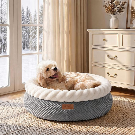 FUKUMARU Dog Bed, 25in Large Round Cat Beds, Plush Faux Fur&Corduroy Cat Beds, Cute Round Washable Pet Bed for Large Cats and Small Dogs, Cat Cave with Anti-Slip Bottom, 25inch, Grey