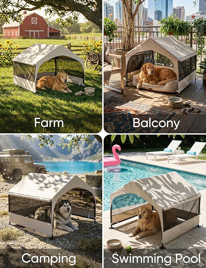Suddus Dog House Outdoor, Extra Large Dog Tent Outside, Dog Shade Shelter with Three-Sided Breathable Mesh Windows, Sun Rain Cover for Pet, Dogs 48" D x 48" W x 39" H