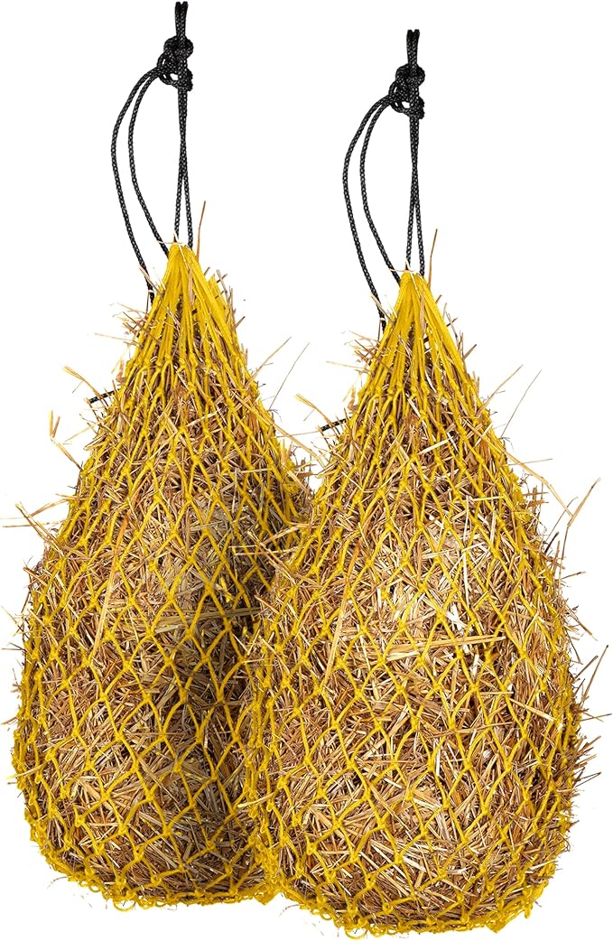 Majestic Ally 2 pcs Slow Feed 42” Hay Net for Horses, Strong Small 2x2” Holes, Nylon Rope Hanging, Adjustable Travel Feeder for Trailer and Stall, Simulates Grazing, Reduce Waste
