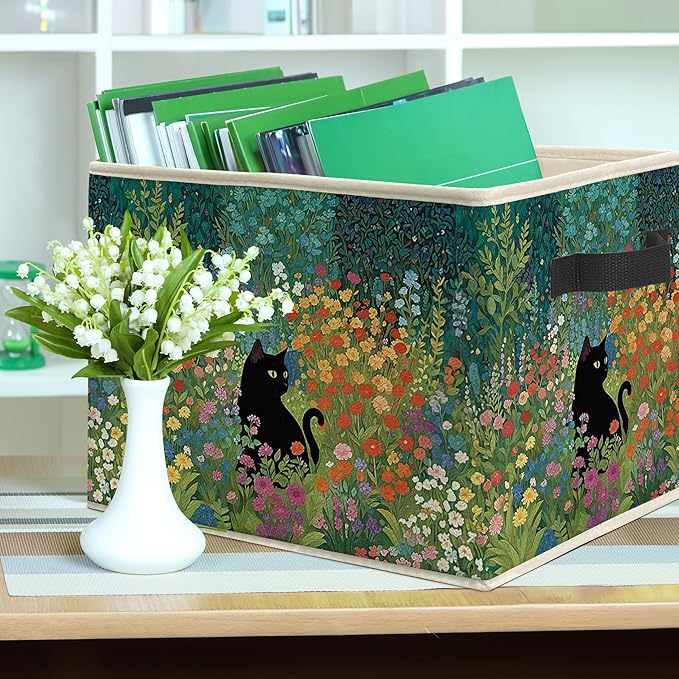 Wildflower Black Cat Storage Bin Box, Cat Lover Mom Lady Grandma Gifts Collapsible Storage Basket Organizer for Bedroom Bathroom Home Clothes Toys Books, Toybox for Girls