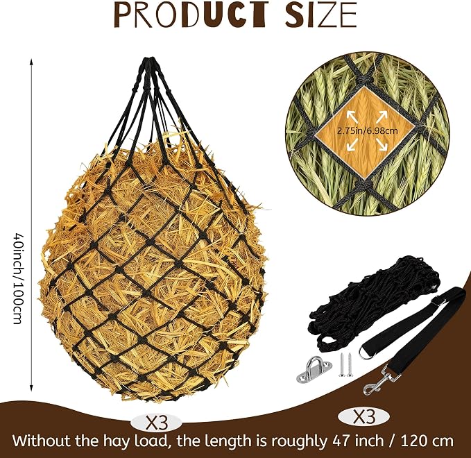 3 Pcs 47" Large Heavy Duty Hay Nets for Horses,Slow Feed Hay Bags for Horses – Hanging Hay Net Feeder with Straps & Hooks for Stall, Fence, Trailer, Goats & Sheep