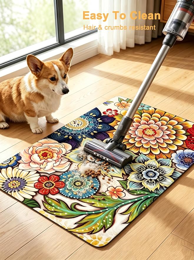 Rnivvi Dog Food Mat, 12" x 19" Flower Absorbent Dog Cat Bowl Mat for Food and Water, Cute Anti-Slip Rubber Pet Feeding Rug Protect Floors, Puppy Placemat for Feeding & Watering Supplies,Mandala Floral
