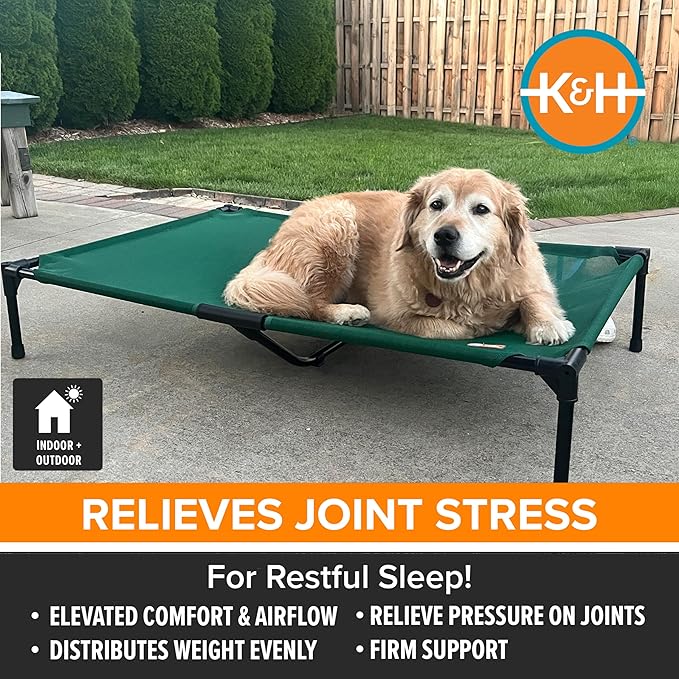 K&H Outdoor Elevated Dog Bed - Cooling Raised Dog Bed for Large & Extra-Large Pets, Breathable Mesh Hammock Design, Indoor/Outdoor Washable Cover, Portable Metal Frame, Green, XL 50x32in