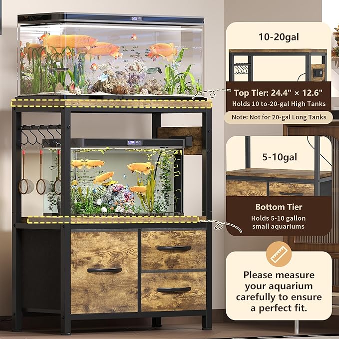 Heybly 10-20 Gallon Fish Tank Stand, Aquarium Stand with Drawer, Power Outlet, Heavy Duty Metal Frame, for Fish Tank, Turtle & Reptile Terrarium, 24.4" × 12.6" Top, 200lbs, Rustic Brown HAS003SSR