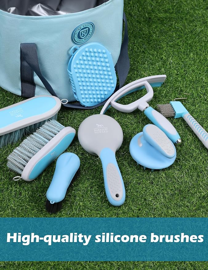Harrison Howard Horse Grooming Kit 9 Piece with Tote, Non-Slip Silicone Grip Brush Set for Horses, Shedding Bathing Daily Care, Beginner Friendly Soft Blue