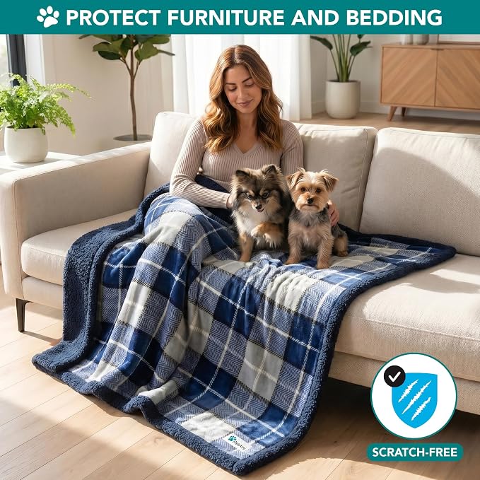 PetAmi Dog Blanket for Small Medium Dogs and Cats, Soft Sherpa Fleece Pet Blanket Throw Puppies Kittens, Reversible Plush Couch Cover Protector Sofa Bed Crate, Machine Washable, 60x40, Plaid Navy Blue