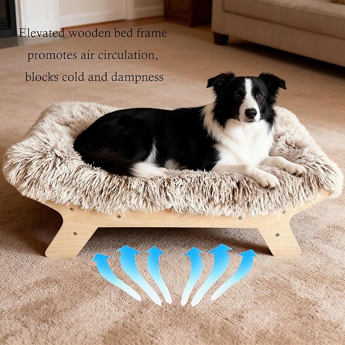 Elevated Dog Bed 37⅜" × 28⅜" × 11¾", Raised Wooden Large Dog Bed Frame and Mattress for Large Pets up to 80lbs