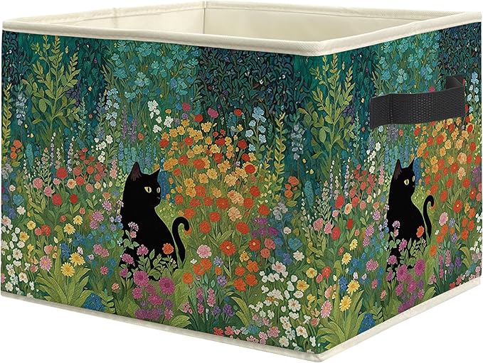 Wildflower Black Cat Storage Bin Box, Cat Lover Mom Lady Grandma Gifts Collapsible Storage Basket Organizer for Bedroom Bathroom Home Clothes Toys Books, Toybox for Girls