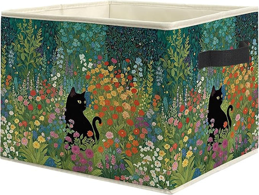 Wildflower Black Cat Storage Bin Box, Cat Lover Mom Lady Grandma Gifts Collapsible Storage Basket Organizer for Bedroom Bathroom Home Clothes Toys Books, Toybox for Girls