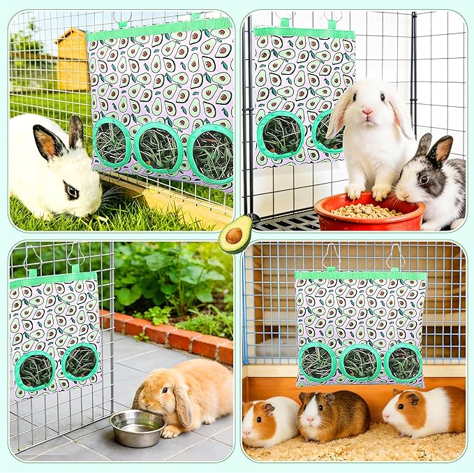 2 Pack Rabbits Hay Feeder for Guinea Pigs 2-Hole 3-Hole Hanging Feeder Bunny Rabbit Hay Bags for Hamsters Small Pets Accessories Holder Bags