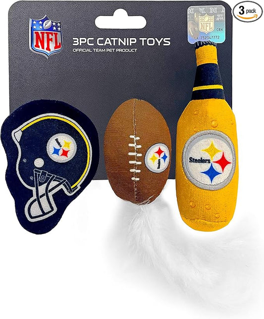 BEST PLUSH CAT TOY NFL PITTSBURGH STEELERS Complete Set of 3 piece Cat Toys filled with Fresh Catnip. Includes: 1 Helmet Cat Toy, 1 Football Cat Toy with Feathers & 1 Beer Bottle. Beautiful Team LOGOS