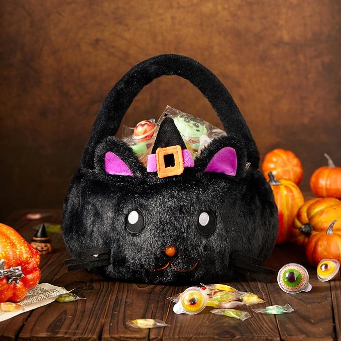 Halloween Plush Treat Basket, Halloween Candy Basket, Trick-or-Treat Bag(Black Cat Witch)