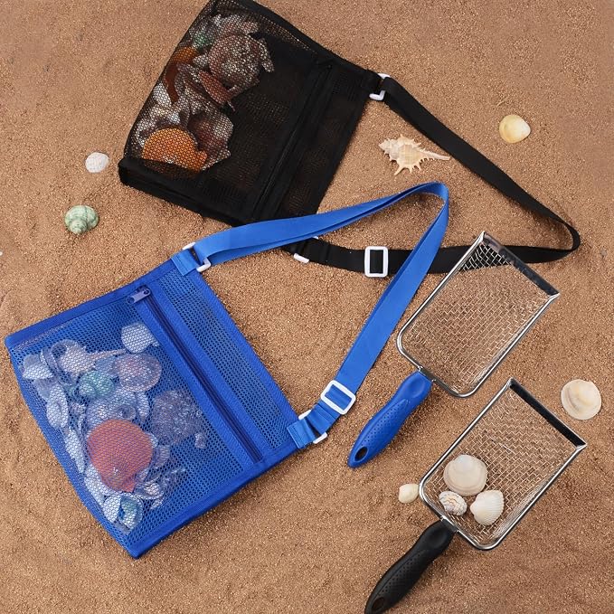 MUYIZI Beach Mesh Shovel with Mesh Beach Bag for Shell Collecting, Kids Sand Sifter for The Beaches,Shell Scooper for Beaches,Shark Tooth Sifter Dipper,Sea Shell Bags for Kids (Sapphire Blue+Black)