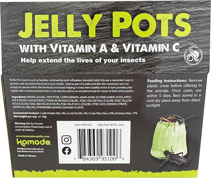 Komodo Jelly Pots Mixed Fruit Flavor Insect Food | Individually Portioned | Provides Nutrition & Hydration for Fruit-Eating Reptiles 40 Count Display (16g per Cup)