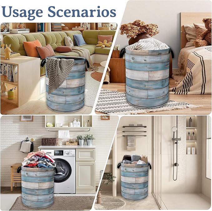 Rustic Wood Grain Laundry Basket,Foldable Waterproof Oxford Cloth Tote Bag Vintage Barn Wooden Laundry Hamper with Handles,20.8"x16" Clothes Storage Bucket Organizer for Laundry Room Bathroom Bedroom