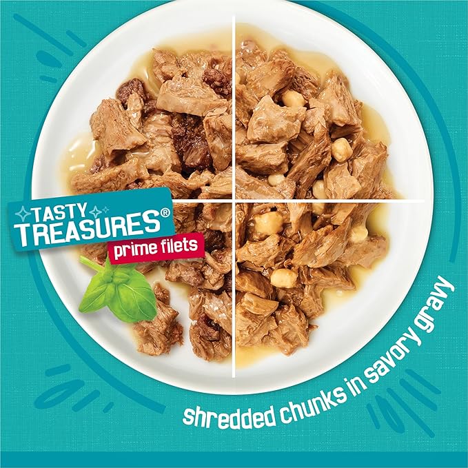 Friskies Purina Wet Cat Food Variety Pack,Tasty Treasures Prime Filets (with Chicken and Tuna,with Chicken,and-with Ocean Fish-and Tuna,and-with Turkey) - 5.5 oz. Cans,(Pack of 48)