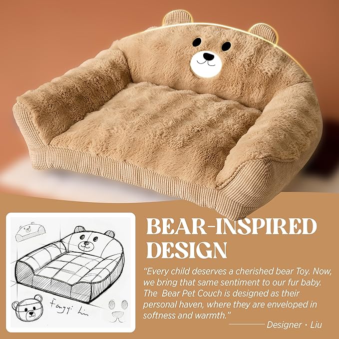 LE SURE Cute Cat Couch for Pets - Fluffy Original Bear Design Cat Beds for Indoor Cats, Fuzzy Cats Sofa with Removable Washable Cover, Supportive Pet Chair, 24inch, Brown