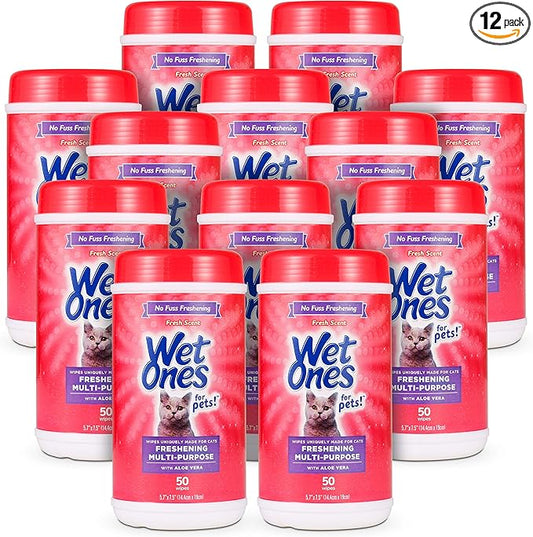 Wet Ones for Pets Freshening Multipurpose Wipes for Cats with Aloe Vera, Fresh Scent - Easy to Use Cat Cleaning Wipes for Pet Grooming in Canister, 50 Count - 12 Pack