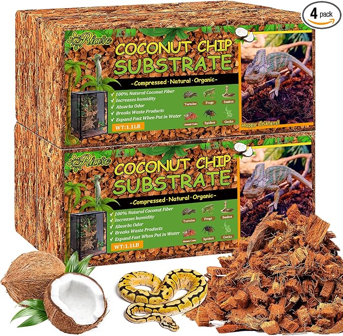 Riare 4 Pack Natural Coconut Chip Substrate for Reptiles- Compressed Coconut Husk Reptiles Bedding, Coco Husk Chip Terrarium Substrate for Snakes, Tortoises, Ball Python, Frogs, Bearded Dragon, Lizard