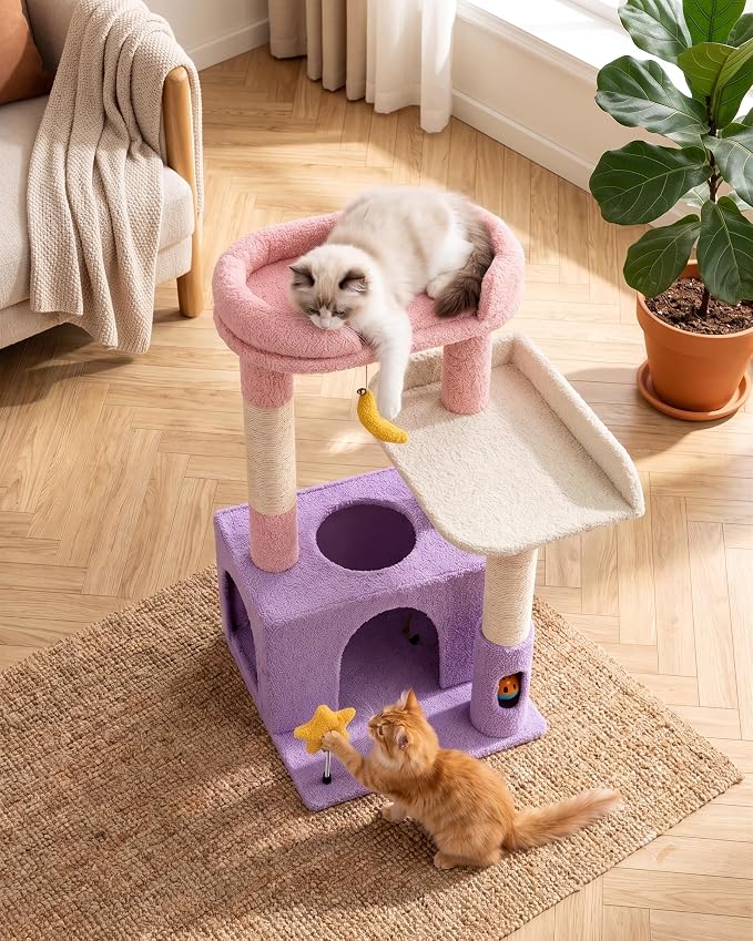 31" Cute Cat Tower for Indoor Kittens with Cat Condo, Plush Platform, Hammock, Sisal Scratching Posts, Dangling Ball, Tall Cat Tree Tower with Self-Grooming Brush (Moonlit Violet)