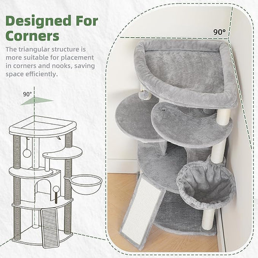 Gitelsnour Corner Cat Tree for Indoor Cats, Cat Tower with All Sisal Scratching Posts, Multi-Level Cat Condo wth Cat Cave, Large Top Perch, Hanging Basket, Sisal Ramp, Light Gray GCT025W