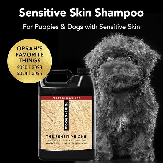 Pride and Groom The Sensitive One | Dog Grooming Shampoo for Puppies and Dogs with Itchy, Dry Skin| Tearless All Natural Body Wash with Essential Oils to Soothe Skin and Reduce Dandruff – 128oz