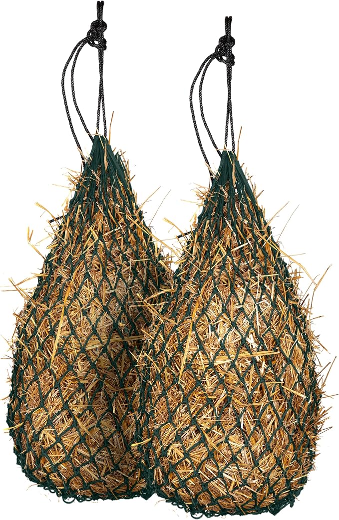 Majestic Ally 2 pcs Slow Feed 42” Hay Net for Horses, Strong Small 2x2” Holes, Nylon Rope Hanging, Adjustable Travel Feeder for Trailer and Stall, Simulates Grazing, Reduce Waste