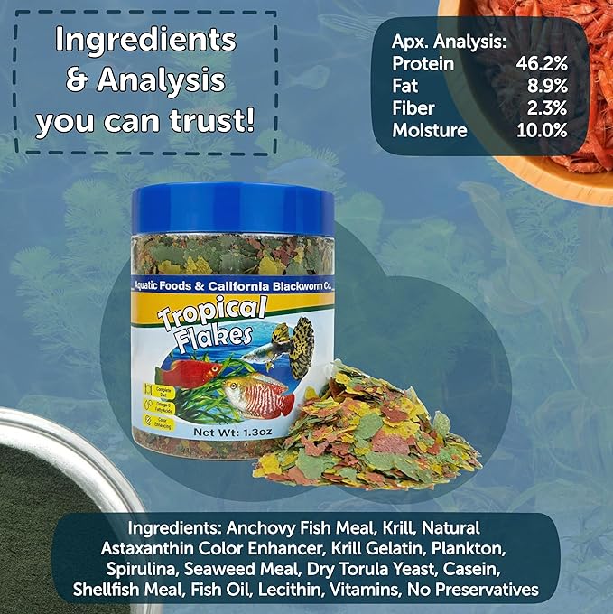 Premium Tropical Fish Flakes, for Angel Fish, Guppies, Live Bearers, Loaches, Gouramis, Cichlids, All Tropical Fish. 12-Type pellets and 4-Type Wafers Included..7.0oz Canister