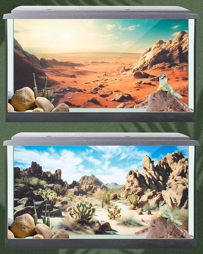 Breling 4 Pcs 24 x 11.8 Inch Reptile Habitat Background with Nano Glue Gobi Sun Cactus Stone and Green Tree Fern Stream Terrarium Background Polyester Durable Aquarium Accessories