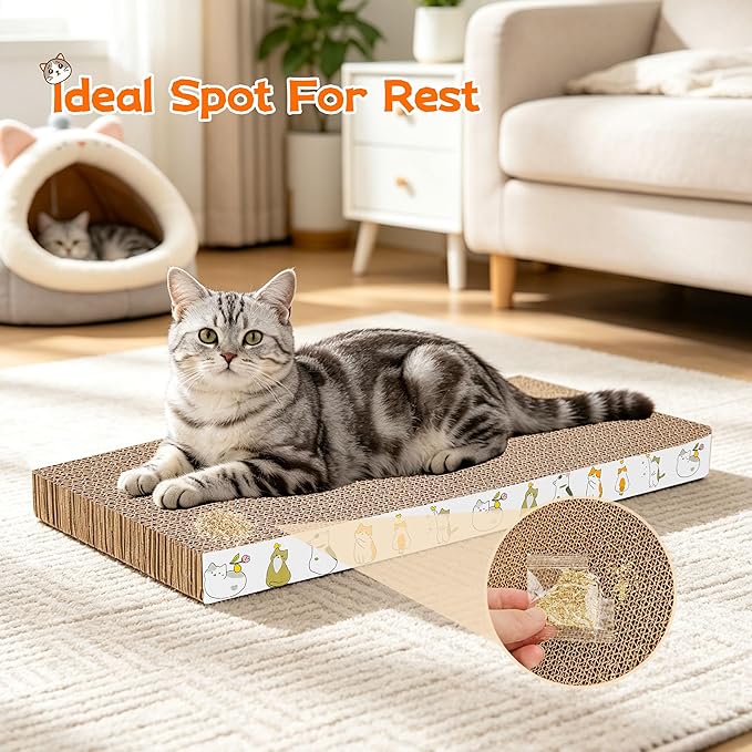 PatiencET Cardboard Cat Scratcher Pads, 4-Pack (2 Flat Double-Sided, 2 Wavy), Catnip Included, for Small and Medium Indoor Cats