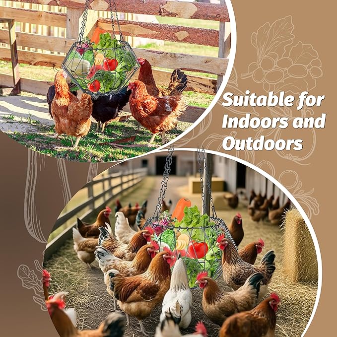Hanging Chicken Feeder, 9.25IN Large Foldable Poultry Feeder Vegetable Fruits Basket with 4pcs Hanging Stainless Chain, Chicken Treat Holder Ball Boredom Toys for Chicken Hens Duck Coop, Black, 1 Pack