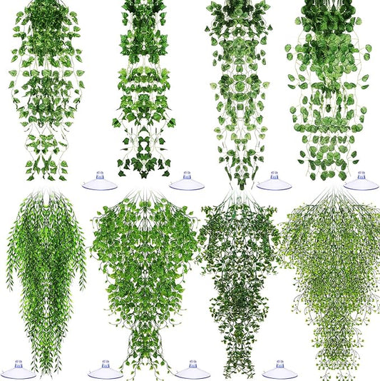 Suncalla Reptile Plants Terrarium Hanging Plants Vines Boston Climbing Terrarium Plant with Suction Cup for Bearded Dragons Lizards Crested Gecko Snake Crab Tank(Petite Leaf Series,Multiple Green)