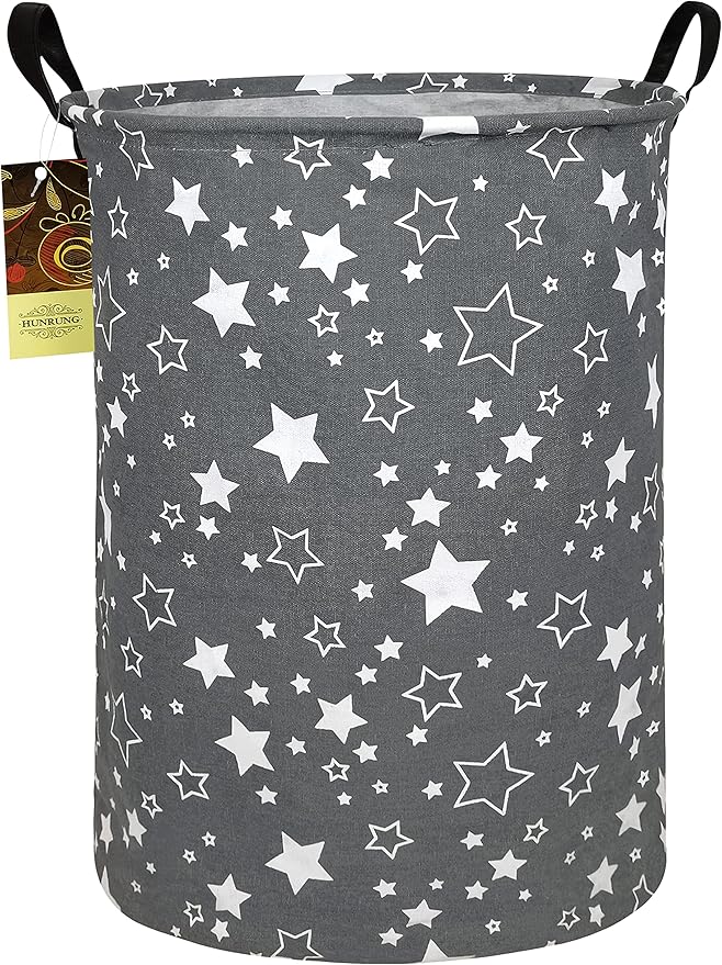 Laundry Hamper,Large Canvas Fabric Lightweight Storage Basket Toy Organizer Dirty Clothes Collapsible Waterproof for College Dorms, Children Bedroom,Bathroom（Round star）