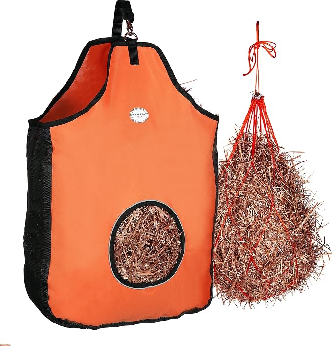 Majestic Ally 1200 D Hay Feeder Tote Bag for Horses, Sheep with Reflective Trim- Reduces Waste - Comes with 36” Hay Net (Orange)