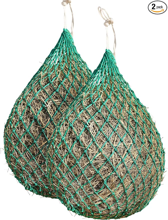 Harrison Howard 2 PCS Slow Feed Hay Net for Horses, 40 Inch Hay Bag Holds 1–2 Flakes, 2 Inch Mesh Durable Hanging Feeder for Stable, Pasture & Livestock-Grass Green