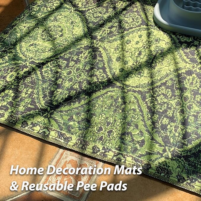 nunubaby Washable Pee Pads for Dogs, Stylish, Non-Slip and Leak-Proof Pee Pads. Reusable Potty Pads for Dogs for Crates and Floors.(Green/Multi, 24" x48" )