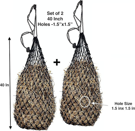Majestic Ally 2 pcs Ultra Slow Feed 1.5"x1.5" Holes 40” Hay Net for Horses and livestocks (Black)